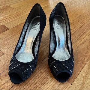 Adrianna Papell Black Peep Toe Heels with Rhinestones | Size 7